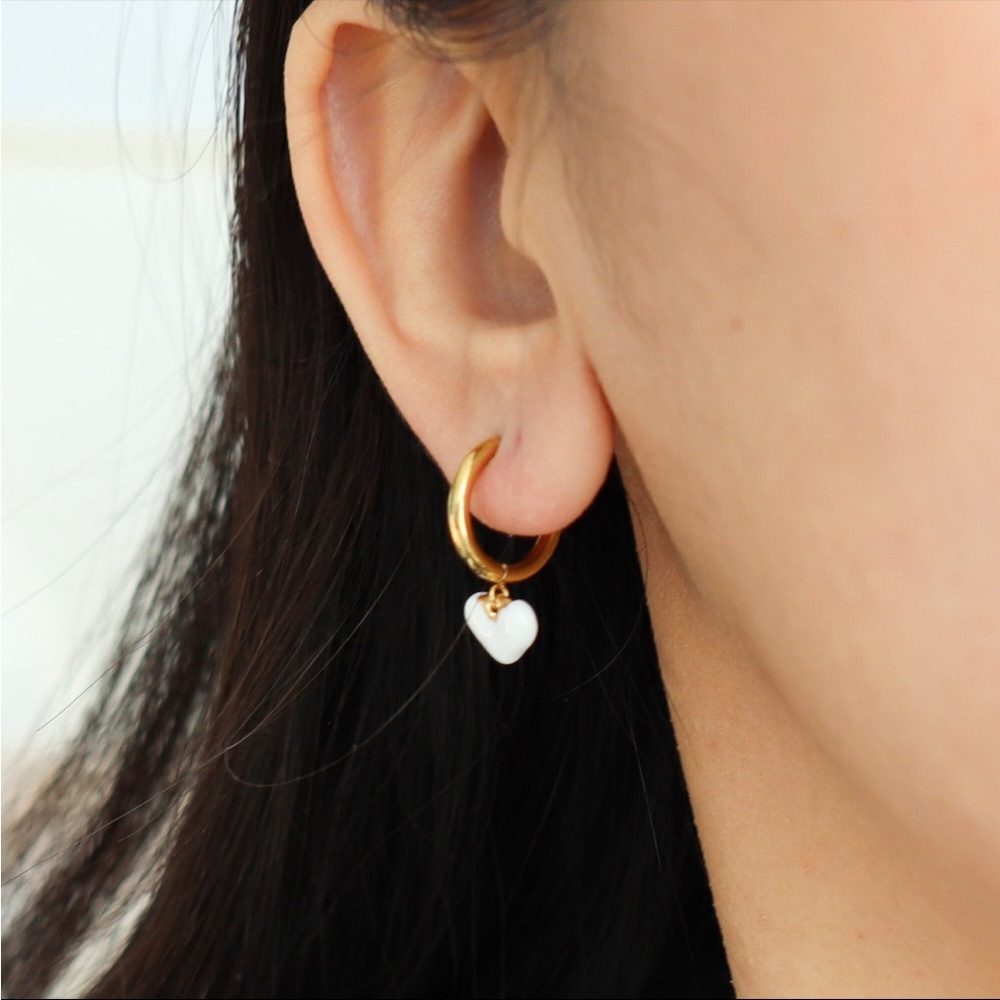 White Heart Gold Huggie Hoop Earrings